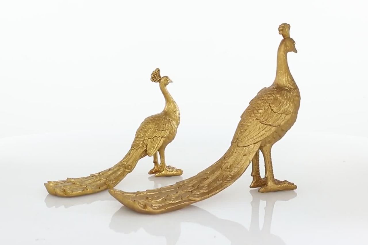 thumbnail video image 2 of 11", 8"H Gold Polyresin Peacock Sculpture, by DecMode (2 Count), 2 of 11