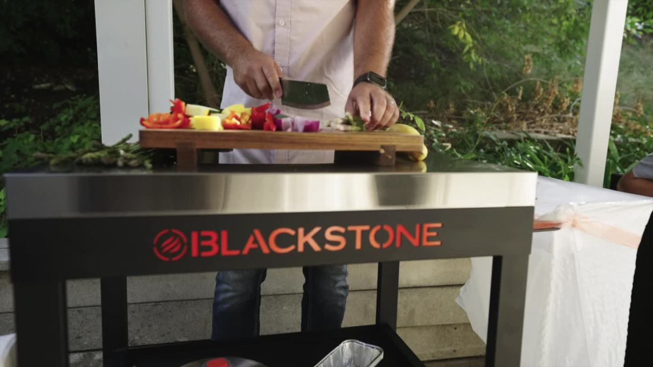 thumbnail video image 2 of Blackstone 28" Portable Steel Prep Cart with Stainless Steel Top in Black, 2 of 14