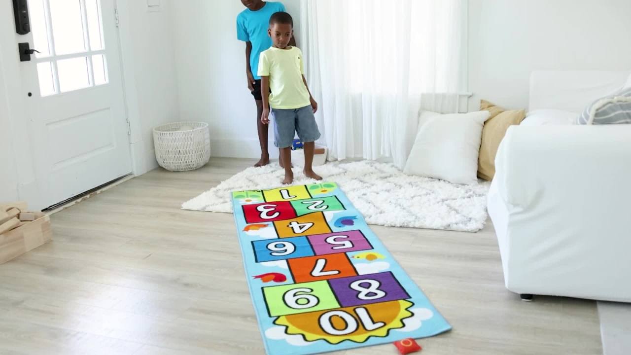 thumbnail video image 2 of Melissa & Doug Hop and Count Hopscotch Game Rug  (3 pcs, 78.5 x 26.5 inches), 2 of 10
