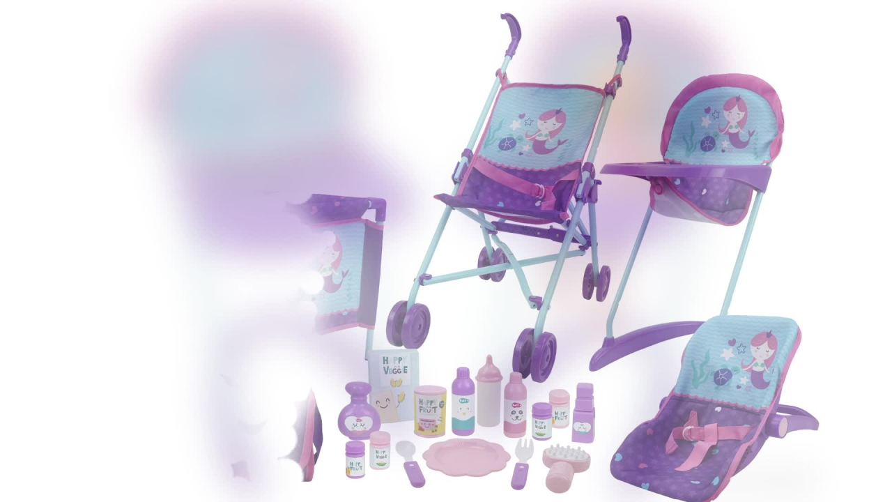 thumbnail video image 2 of 509 Crew Stroll n Play & Care Set Foldable Doll Accessories with Diaper Bag, Multicolor, 21 Pieces, 2 of 7