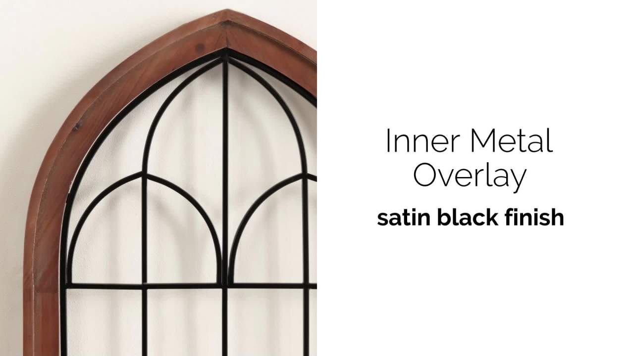 thumbnail video image 2 of Kate and Laurel Rennell Farmhouse Arched Wall Art Plaque, 19 x 36, Walnut Brown and Black, Wood and Metal Windowpane Wall Decor for Use as Fireplace Mantel Decor or Entryway Wall Accent, 2 of 9