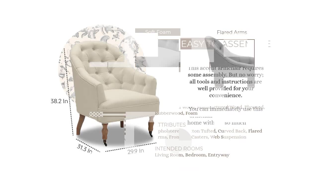 thumbnail video image 2 of Rustic Manor Saoirse Upholstered Linen Button Tufted Accent Armchair with Casters, Cream White, 2 of 9