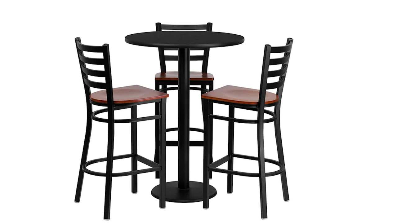 thumbnail video image 2 of Flash Furniture Clark 30'' Round Black Laminate Table Set with 3 Ladder Back Metal Barstools - Cherry Wood Seat, 2 of 6