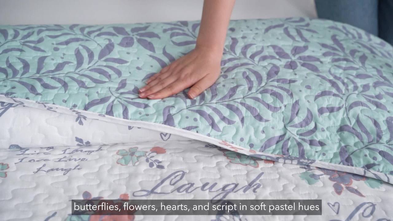 thumbnail video image 2 of Quaint Home Live Laugh Love 3-Piece Quilt Set, Purple; Blue; Pink; White, Queen, 2 of 4