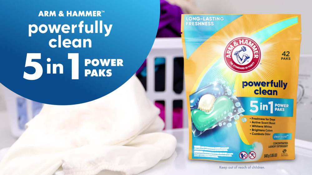 thumbnail video image 2 of ARM & HAMMER Clean Burst 5-in-1 Laundry Detergent Power Paks, Powerfully Clean, Clean Burst Scent, 42 Count, 2 of 15