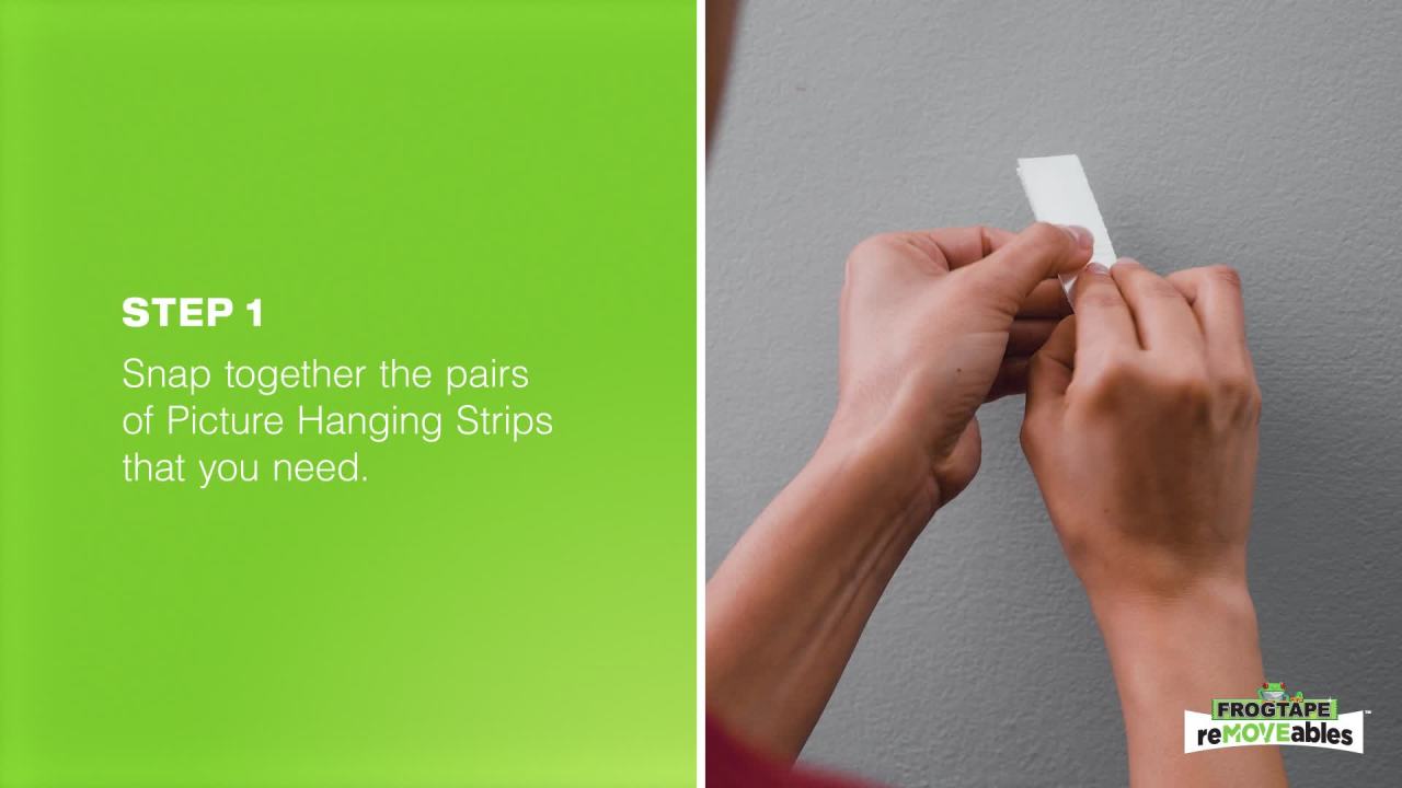 thumbnail video image 2 of FrogTape reMOVEables Large White Picture Hanging Strips, 12 Pairs or 24 Mounting Strips Total, 2 of 11