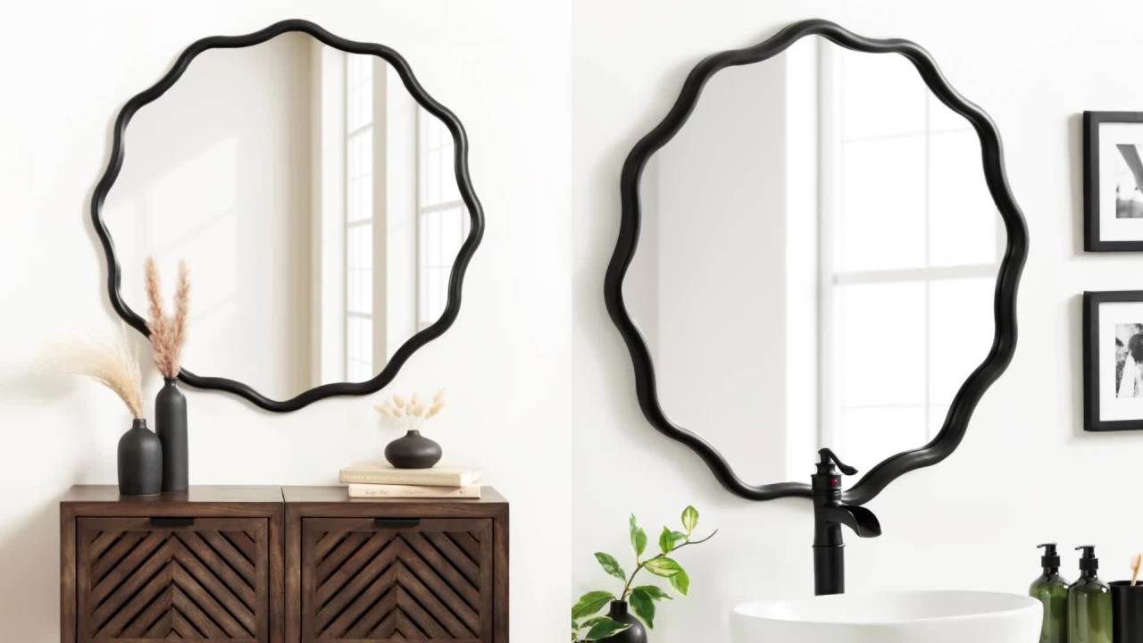 thumbnail video image 2 of Kate and Laurel Talma Mid-Century Round Scalloped Wall Mirror, 30 Inch Diameter, Walnut Brown, Modern Circle Mirror with Solid Poplar Wood Frame and Rounded Frame Profile, 2 of 8