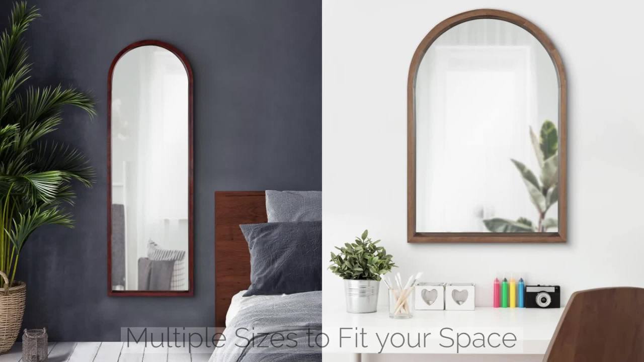 thumbnail video image 2 of Kate and Laurel Hutton Modern Wood Arched Mirror, 24 x 36, Natural Wood, Decorative Transitional Large Arch Mirror with Deep Profile for Use as Bathroom Mirror for Over Sink, 2 of 9