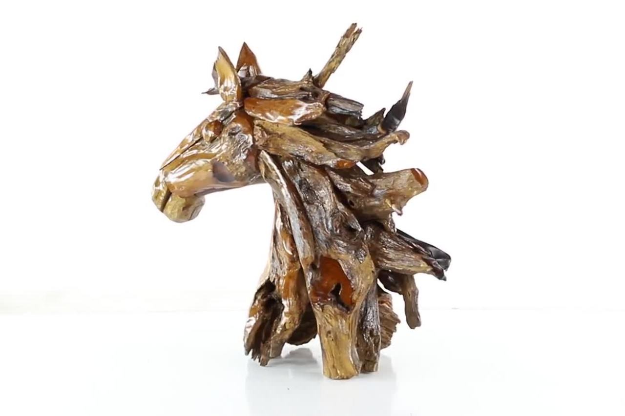 thumbnail video image 2 of 31" x 33" Brown Teak Wood Handmade Horse Sculpture, by DecMode, 2 of 11