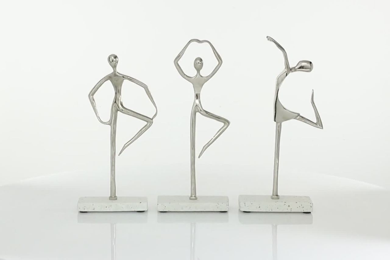 thumbnail video image 2 of 17", 16", 18"H Silver Aluminum Dancer Sculpture with Marble Base, by DecMode (3 Count), 2 of 9