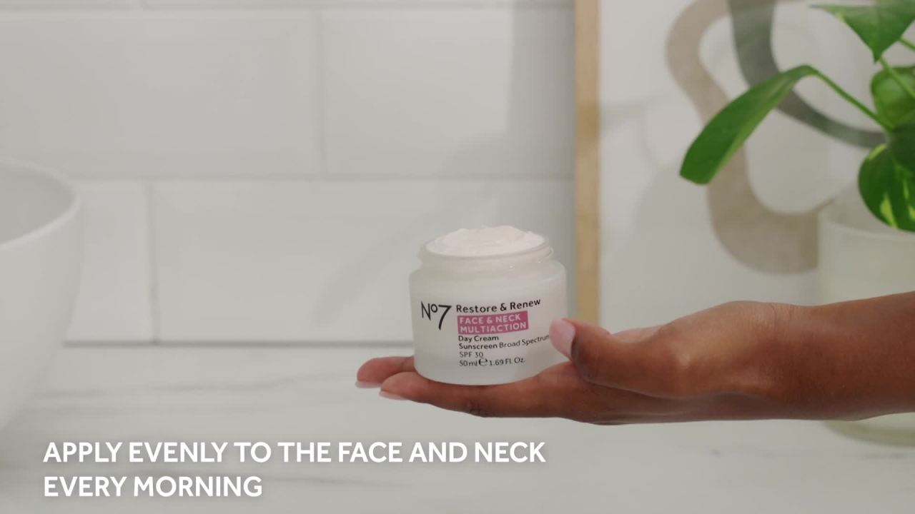 thumbnail video image 2 of No7 Restore & Renew Face & Neck Multi Action Sunscreen Broad Spectrum SPF 30 Day Cream 1.69 fl oz, 2 of 7