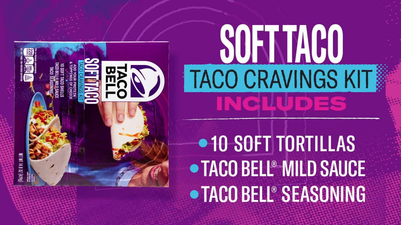 thumbnail video image 2 of (3 pack) Taco Bell Soft Taco Cravings Kit with 10 Soft Tortillas, Mild Sauce & Seasoning, 14.8 oz Box, Shelf-Stable, Contains: Wheat, 2 of 15
