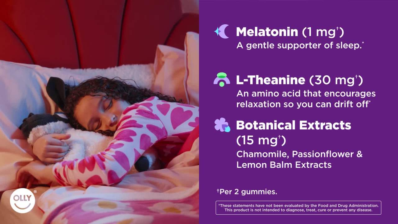 thumbnail video image 2 of OLLY Kids Sleep Gummy Supplement, 0.5mg Melatonin, L-Theanine, Raspberry Flavored, 70 Ct, 2 of 14