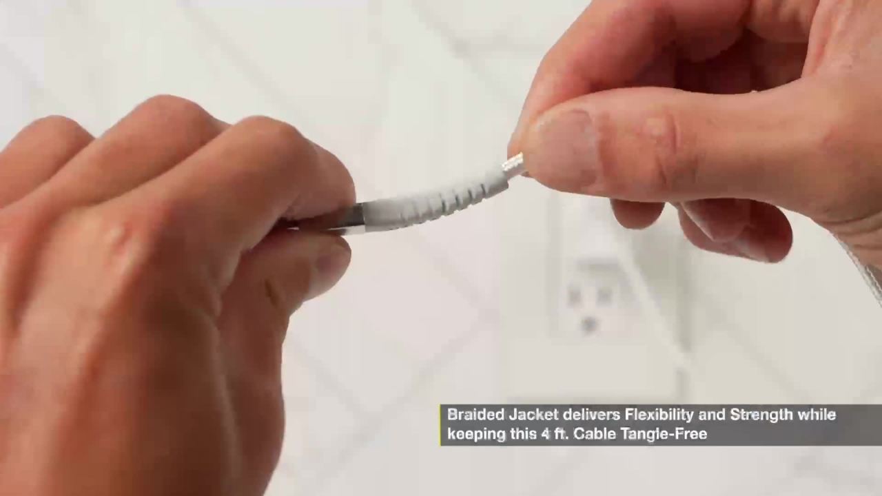 thumbnail video image 7 of Scosche HDi3B4WT-SP Strikeline Heavy-Duty Premium MFi Certified Fast Charging Cable and Data Transfer, 4 ft. Braided USB-A to Lightning Charger Cord Compatible with Apple iPhone and iPad (White), 7 of 7