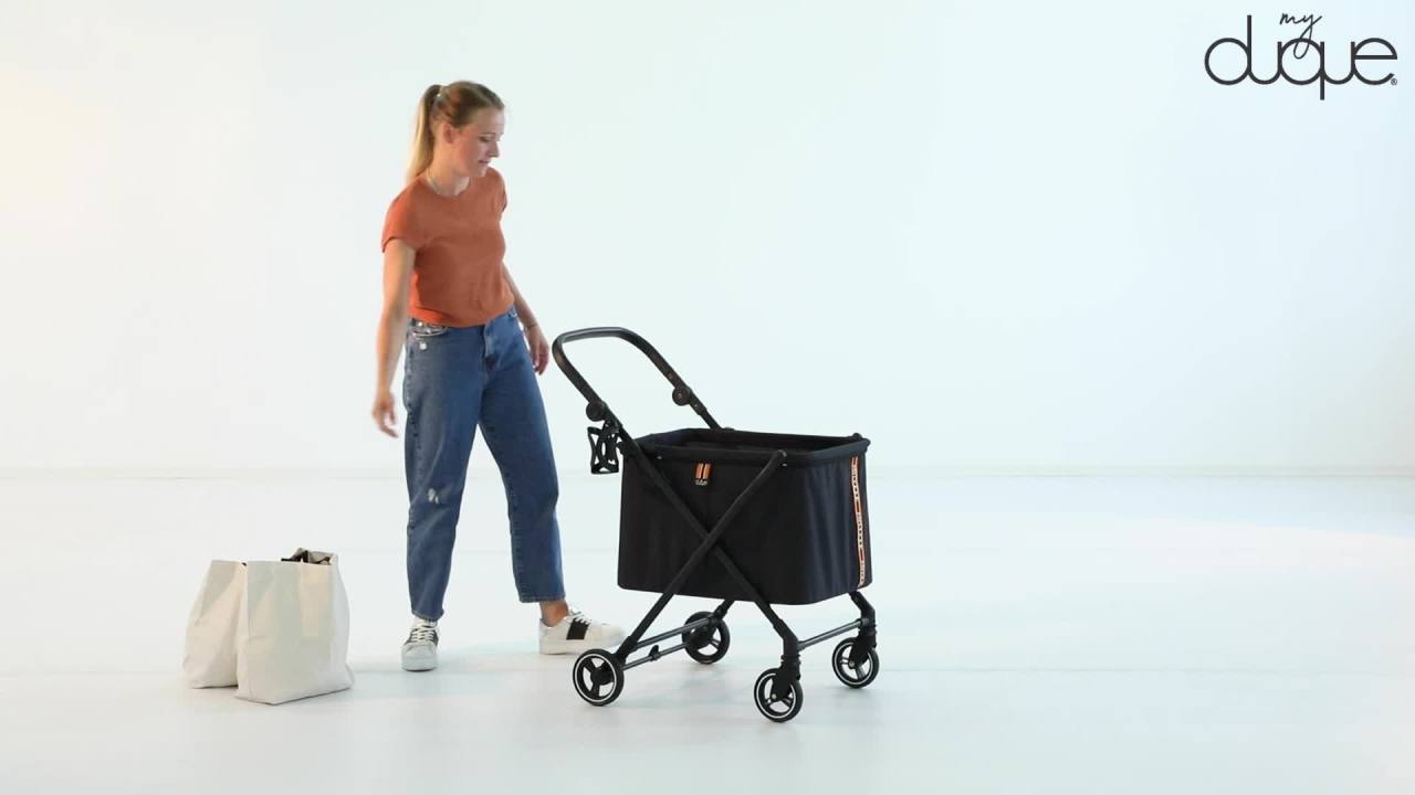 thumbnail video image 2 of My Duque: Personal Shopping Cart - Foldable, Portable, Lightweight Cart with Rolling Front Swivel Wheels and Height Adjustable Slider, Foot Brake, Drink Holder, 2 of 14