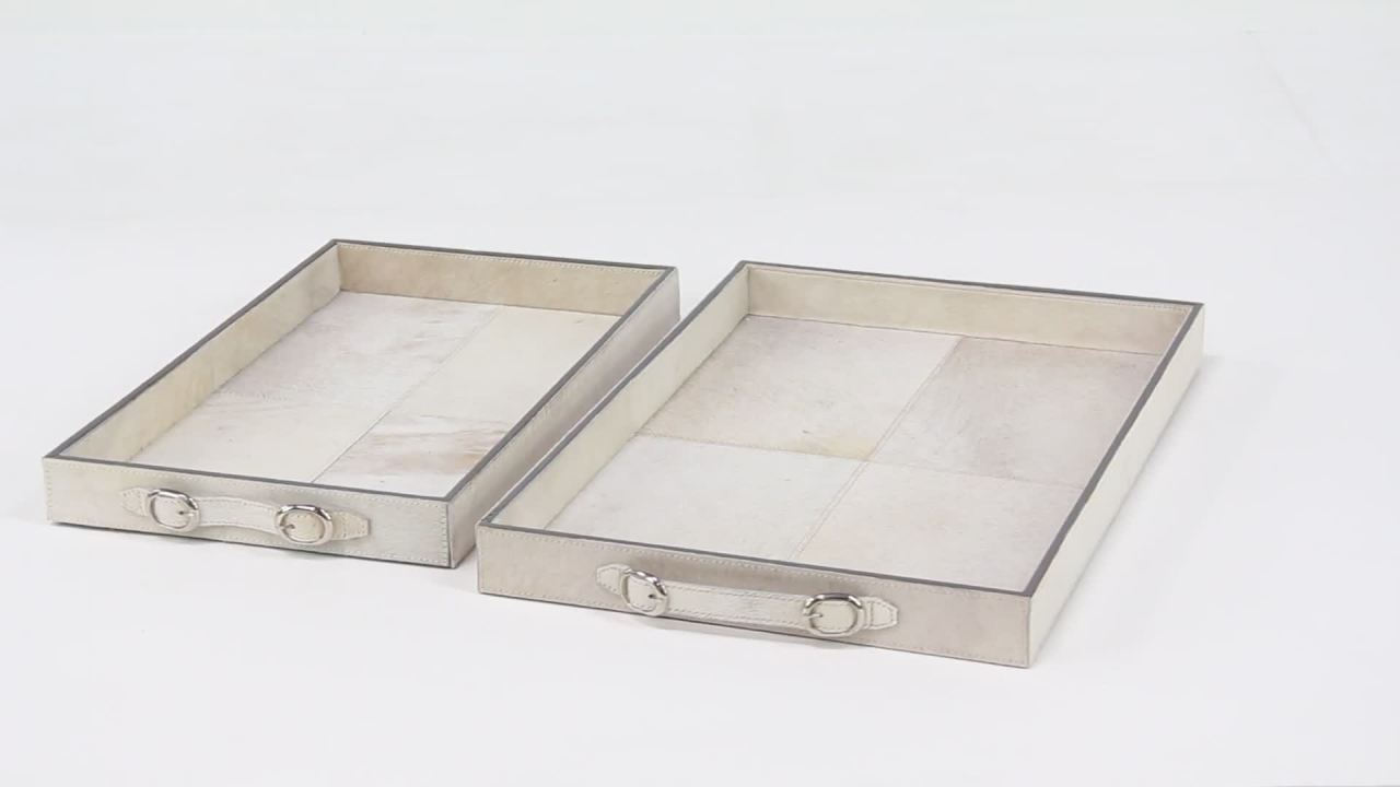 thumbnail video image 2 of DecMode 24", 20"W Gray Wooden Handmade Cowhide Tray with Slot Handles, 2-Pieces, 2 of 7