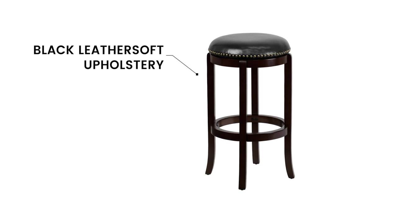 thumbnail video image 2 of Flash Furniture Margaret 29'' High Backless Cappuccino Wood Barstool with Black LeatherSoft Swivel Seat, 2 of 10