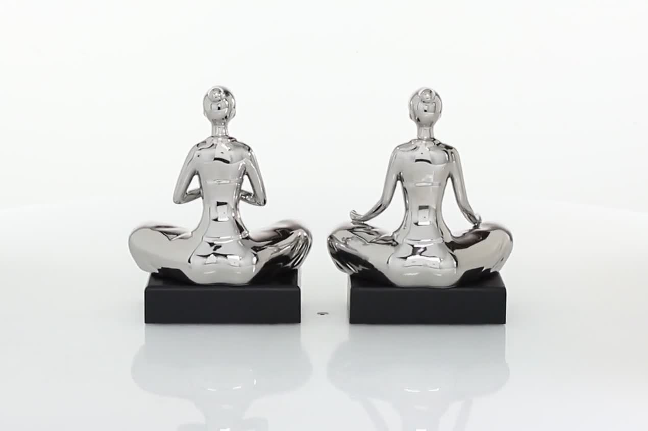 thumbnail video image 2 of 7"W, 9"H Silver Polystone Yoga Sculpture, by DecMode (2 Count), 2 of 8