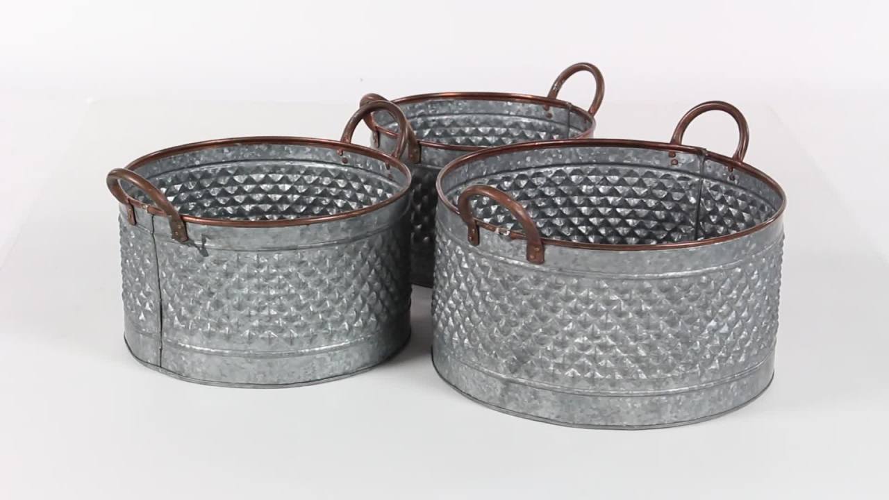 thumbnail video image 2 of DecMode Round Gray Metallic Planter with Side Pot Handles, Set of 3: 20”L x 10”H, 17”L x 10”H, 15”L x 9”H, 2 of 10