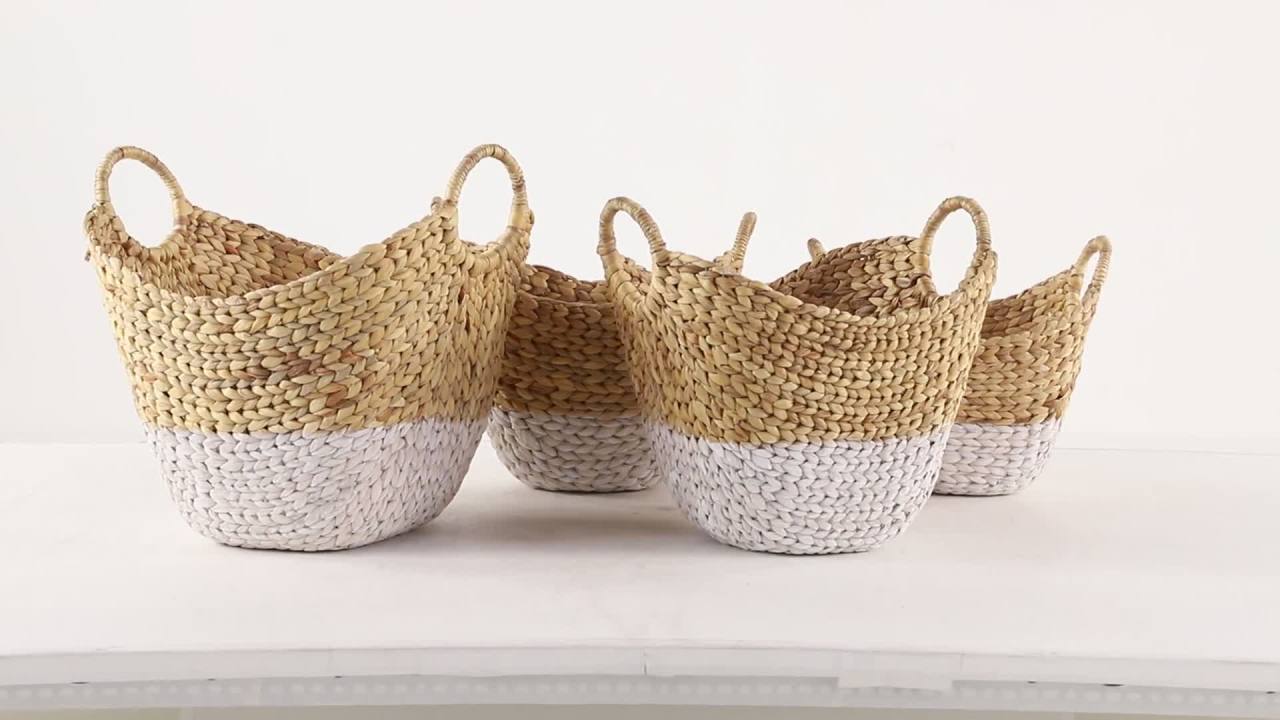 thumbnail video image 2 of CosmoLiving by Cosmopolitan 17", 15", 13", 12"W Brown Seagrass Handmade Two Toned Storage Basket with Handles, 4-Pieces, 2 of 13