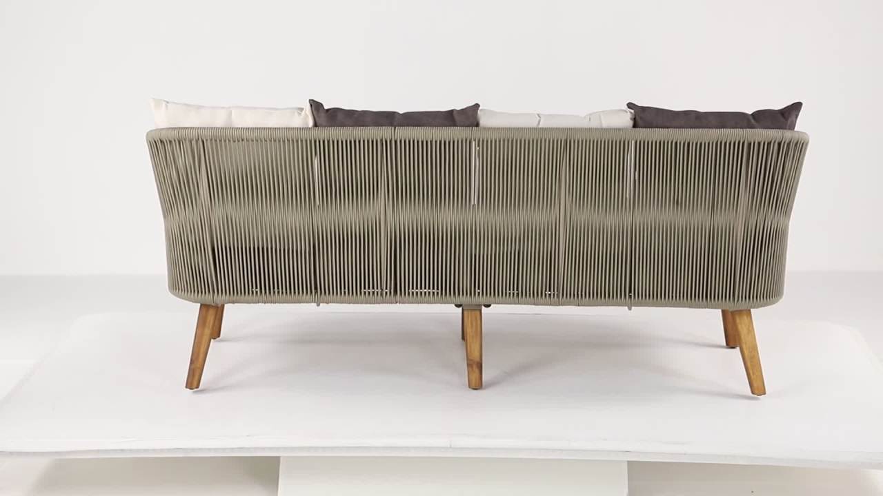 thumbnail video image 2 of DecMode Woven Rope Wood Outdoor Sofa with Polyester Cushions and Slender Tapered Legs - Gray, 2 of 13