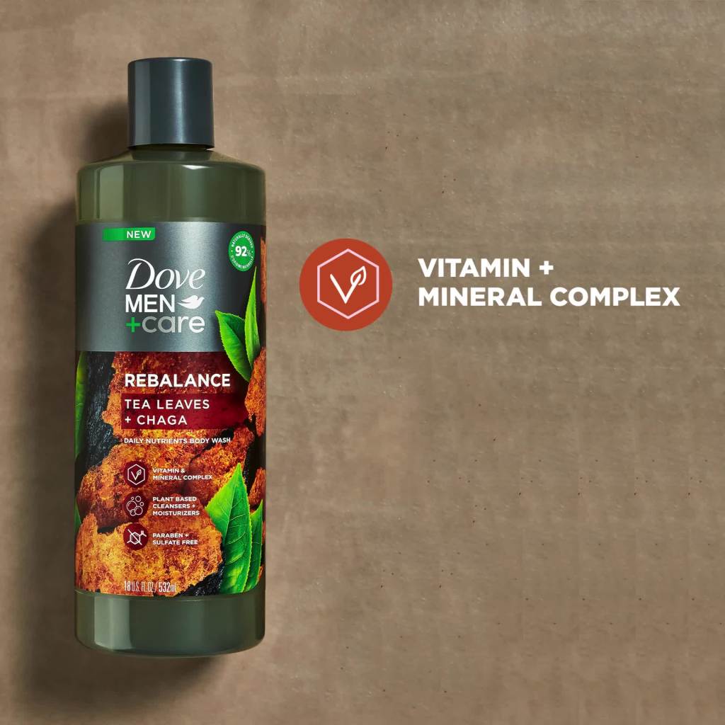 thumbnail video image 2 of Dove Men+Care Rebalance Hydrating Body Wash, Tea Leaves and Chaga, 18 fl oz, 2 of 9