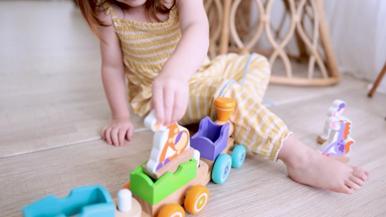 thumbnail video image 2 of Melissa & Doug First Play Farm Animals Push & Pull Train with Wooden Rocking, Child, 2 of 10