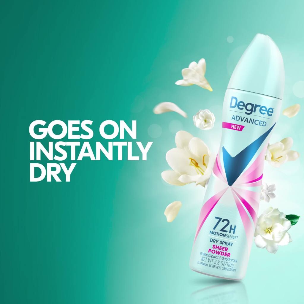 thumbnail video image 2 of Degree Advanced Long Lasting Women's Antiperspirant Deodorant Dry Spray, Sheer Powder, 3.8 oz, 2 of 10