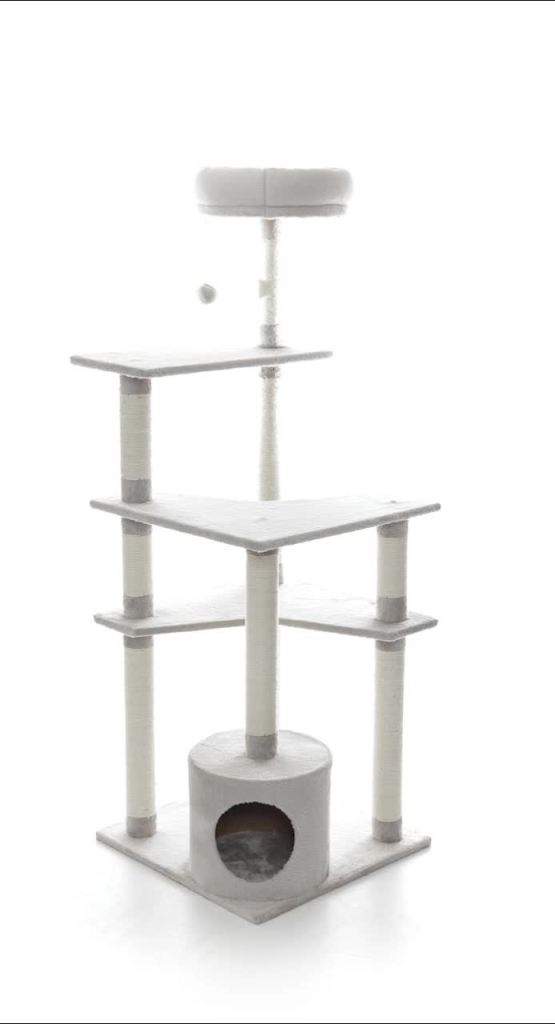 thumbnail video image 2 of TRIXIE Seli Plush 4-Level 59" Cat Tree with Sisal Scratching Posts, Condo & Cat Toy, Cream, 2 of 8