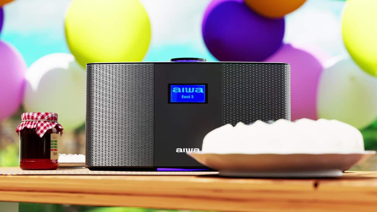 thumbnail video image 2 of Aiwa Exos-5 Wireless Bluetooth Hi-Fi Home Speaker, FM Radio, Alarm Clock, Remote, 2 of 14