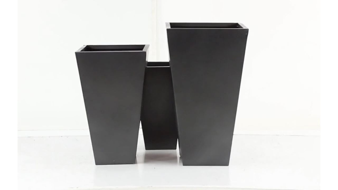 thumbnail video image 2 of DecMode 17", 21", 25"H Light Weight Minimalistic Dark Gray Metal Geometric Planter with Tapered Base (3 Count), 2 of 12