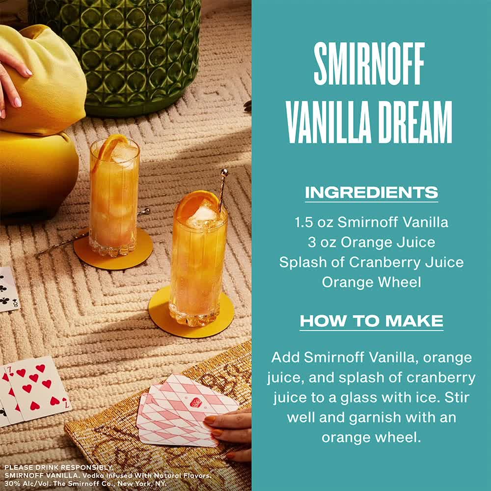thumbnail video image 2 of Smirnoff Vanilla (Vodka Infused With Natural Flavors), 750 mL Glass Bottle, 30% ABV, 2 of 11