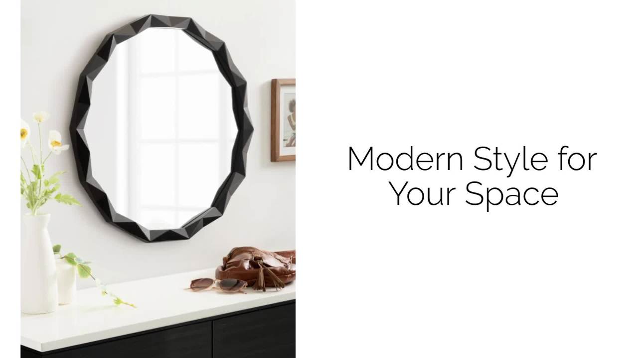 thumbnail video image 2 of Kate and Laurel Endicott Modern Geometric Round Wall Mirror, 26 Inch Diameter, Natural Rustic, Transitional Faceted Wood Circle Mirror for Use as Bathroom Mirror for Over Sink or Cute Nursery Mirror, 2 of 9