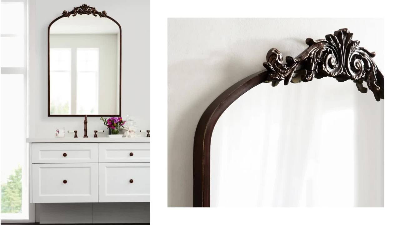 thumbnail video image 2 of Kate and Laurel Arendahl Glam Arched Tall Panel Mirror, 24 x 42, Bronze, Traditional Baroque Large Body Wall Mirror with Ornate Garland Inspired Crown, 2 of 9