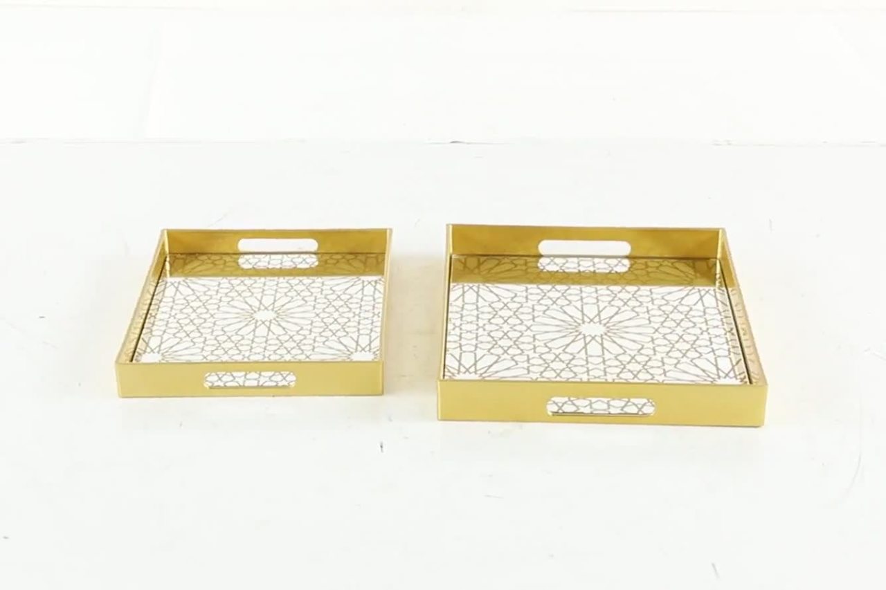thumbnail video image 2 of CosmoLiving by Cosmopolitan 16", 14"W Gold Plastic Mirrored Geometric Tray, 2-Pieces, 2 of 12