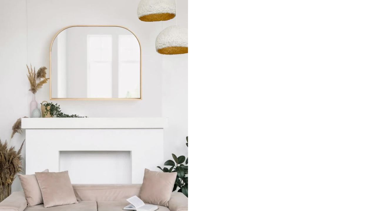 thumbnail video image 2 of Kate and Laurel Valenti Contemporary Wide Arched Wooden Wall Mirror, 34 x 28, Natural Wood, Sophisticated Modern Transitional Round Arch Mirror with Narrow Frame, 2 of 8