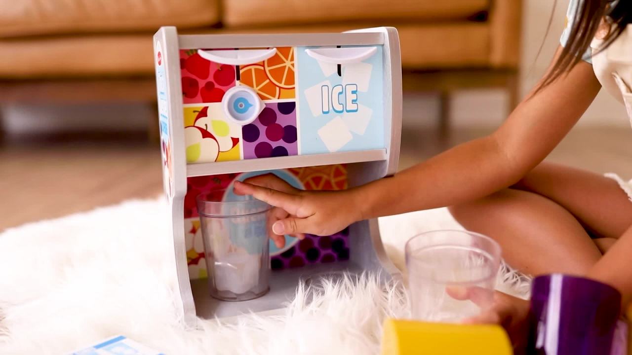 thumbnail video image 3 of Melissa & Doug Wooden Thirst Quencher Drink Dispenser with Cups, Juice Inserts, Ice Cubes - FSC Certified, 3 of 14