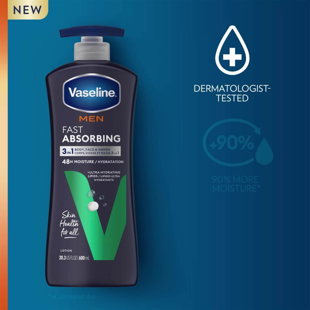 Vaseline Men Fast Absorbing 3in1 Face, Hands & Body Lotion for Men, 20.3 oz