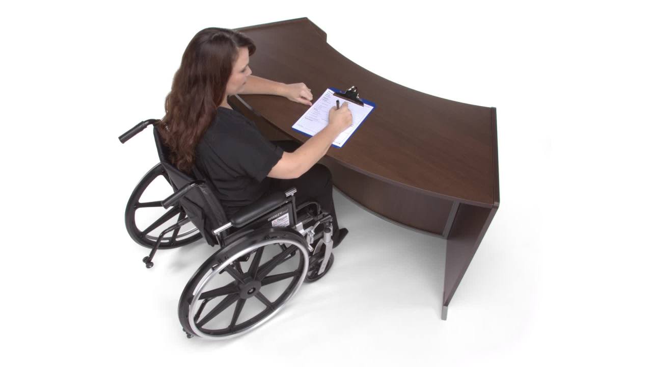 thumbnail video image 2 of OFM Marque Series Model 55292 Double Unit Reception Desk Station, Cherry with Silver Frame, 2 of 3
