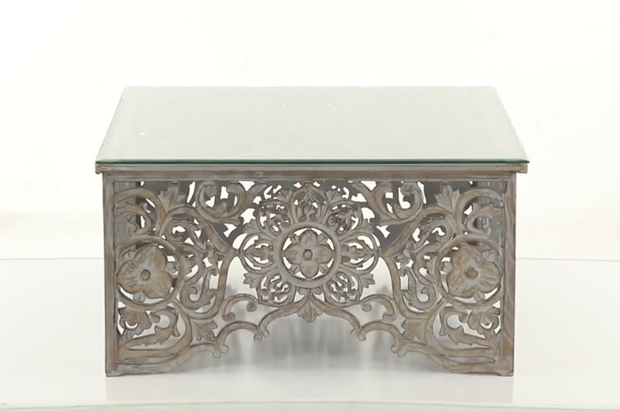 thumbnail video image 2 of DecMode 36" x 19" White Wood Handmade Intricately Carved Floral Coffee Table with Clear Glass Top, 1-Piece, 2 of 10