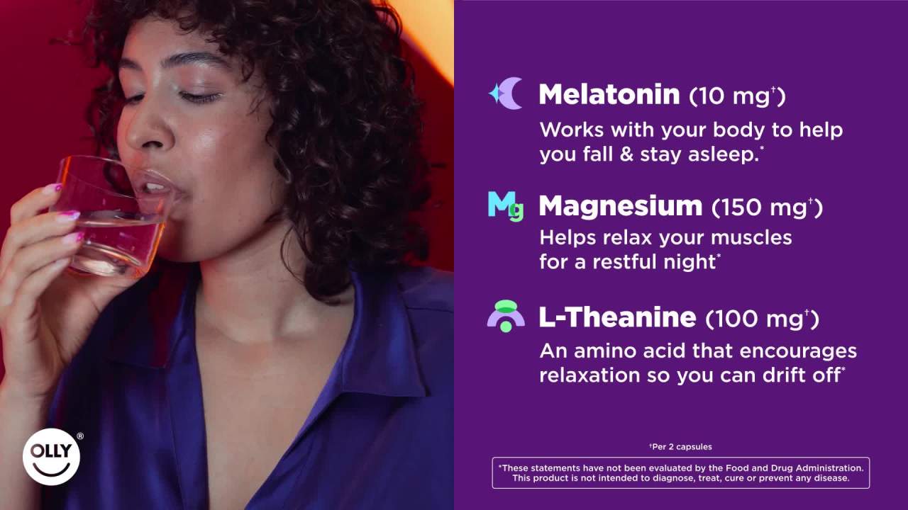 thumbnail video image 2 of OLLY Ultra Strength Sleep Softgel Supplement, Melatonin, Magnesium, L-Theanine, 60 Ct, 2 of 15