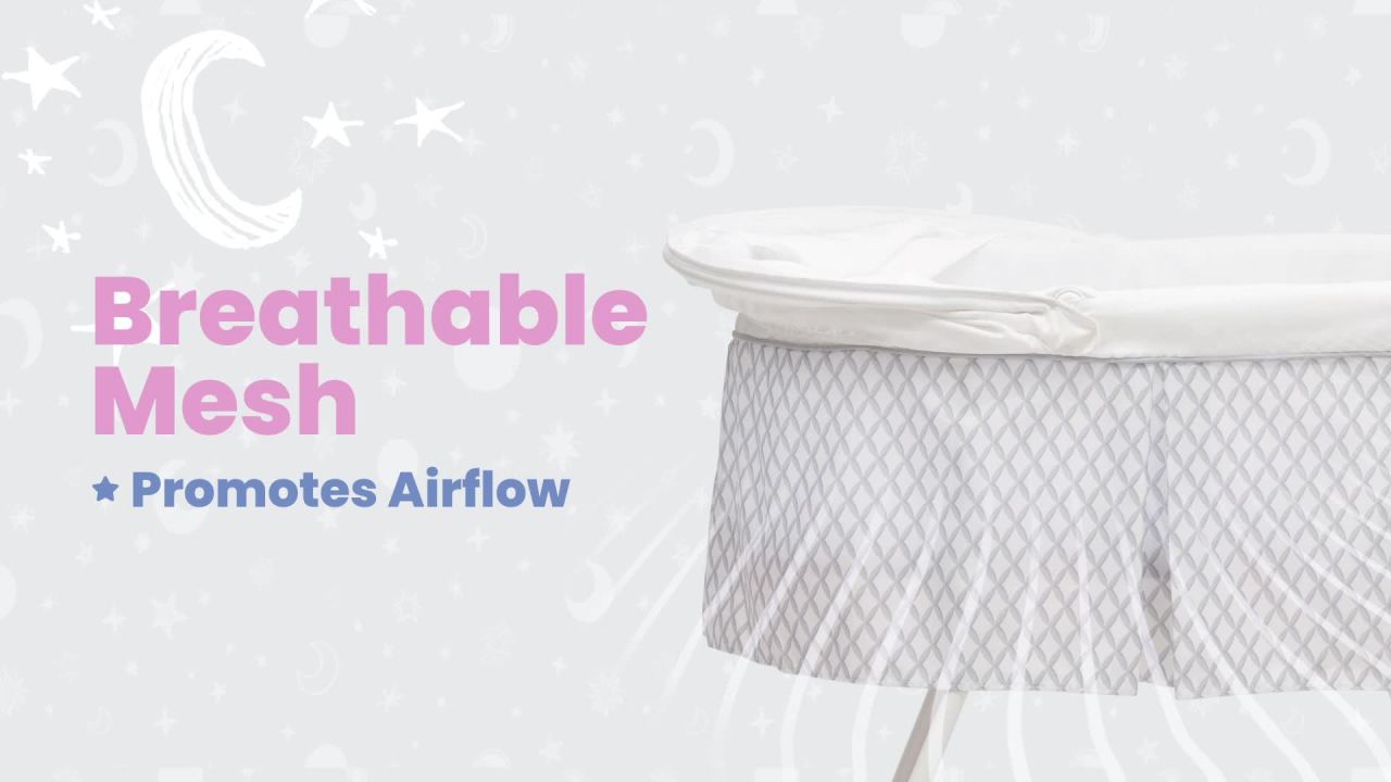 thumbnail video image 2 of Delta Children Deluxe Soothing Dreams Bassinet, Grey Windchime, 2 of 10