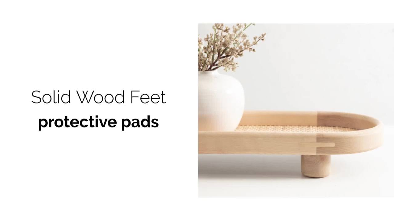 thumbnail video image 2 of Kate and Laurel Planche Decorative Capsule Woven Tray with Solid Wood Frame, 27 x 8, Natural Brown, Modern Slim Wood Rectangle Serving Tray for Living Room, 2 of 10