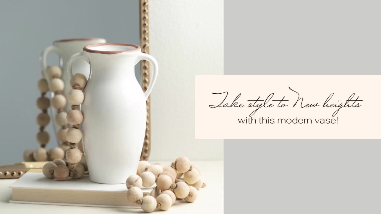 thumbnail video image 2 of Sullivans White Natural Rimmed Ceramic Vase With Handles, 8"H, 2 of 11