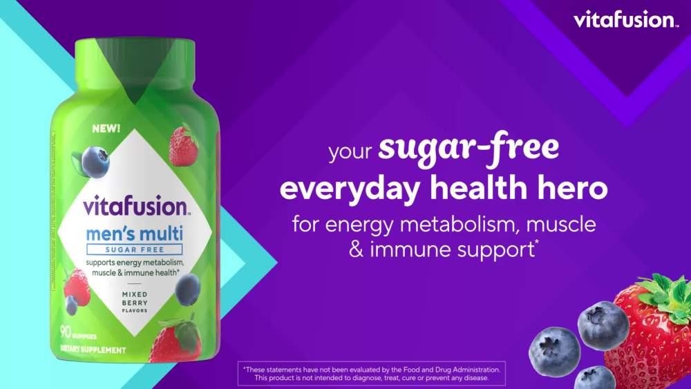thumbnail video image 2 of vitafusion Sugar Free Men’s Multi, Gummy Multivitamins, Mixed Berry Flavors, 90 Count, 2 of 12