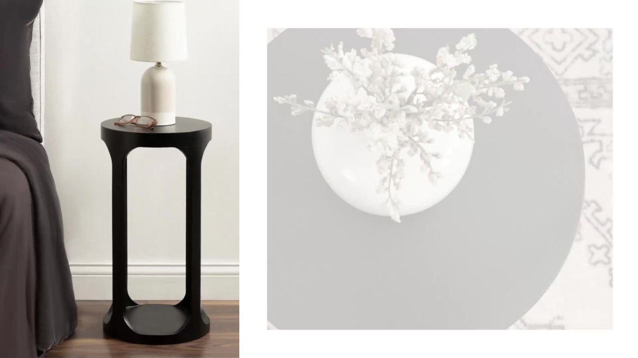 thumbnail video image 2 of Kate and Laurel Dahl Modern Slatted Wooden Round Drink Table, 12 x 23, Black, Transitional Wood Accent Pedestal Table for Use as Living Room Plant Stand or Small Bedroom Nightstand, 2 of 9