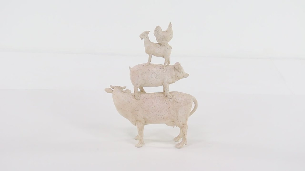 thumbnail video image 2 of 14" x 18" Cream Polystone Stacked Farm Animals Sculpture, by DecMode, 2 of 8