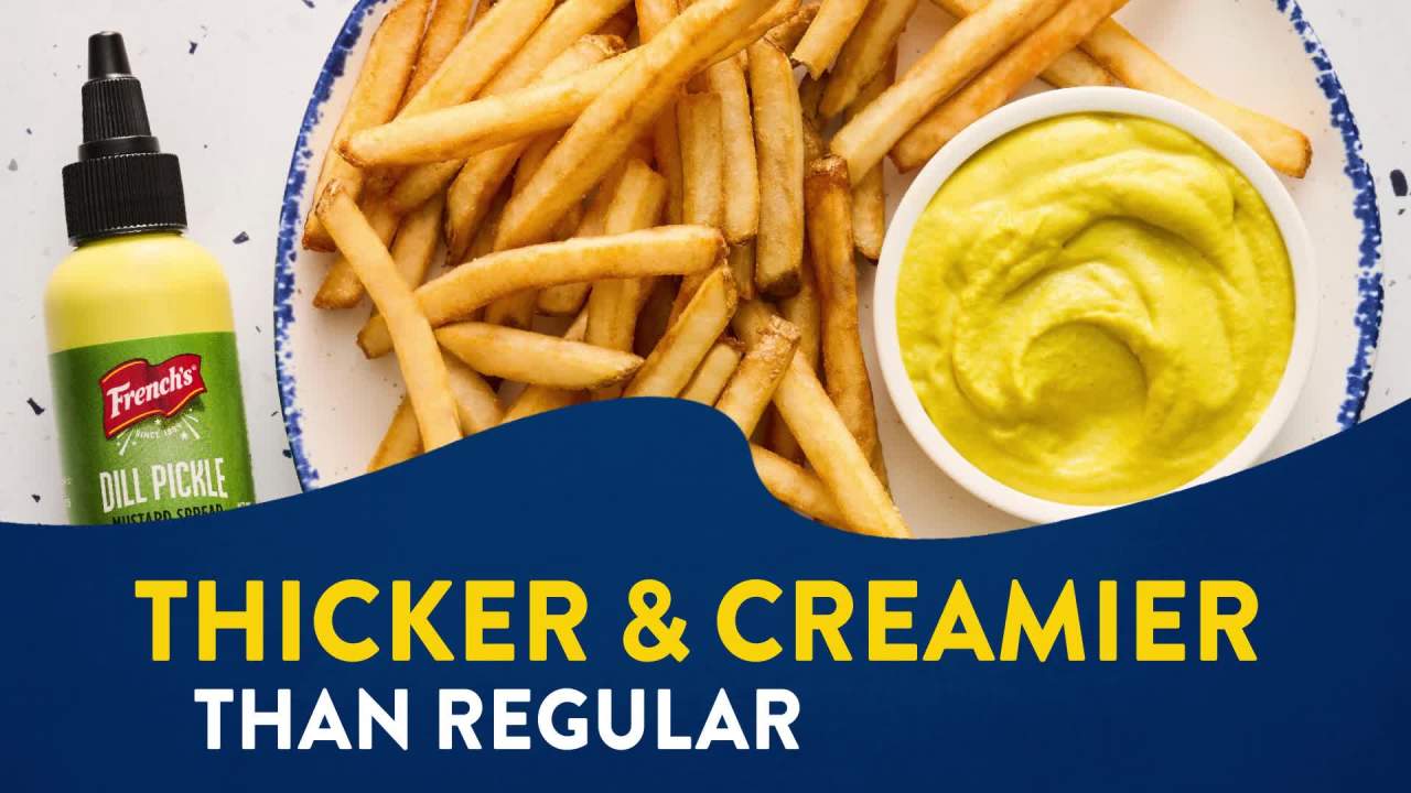thumbnail video image 2 of French's Dill Pickle Mini Mustard Spread, 1.7 oz Bottle, 2 of 25