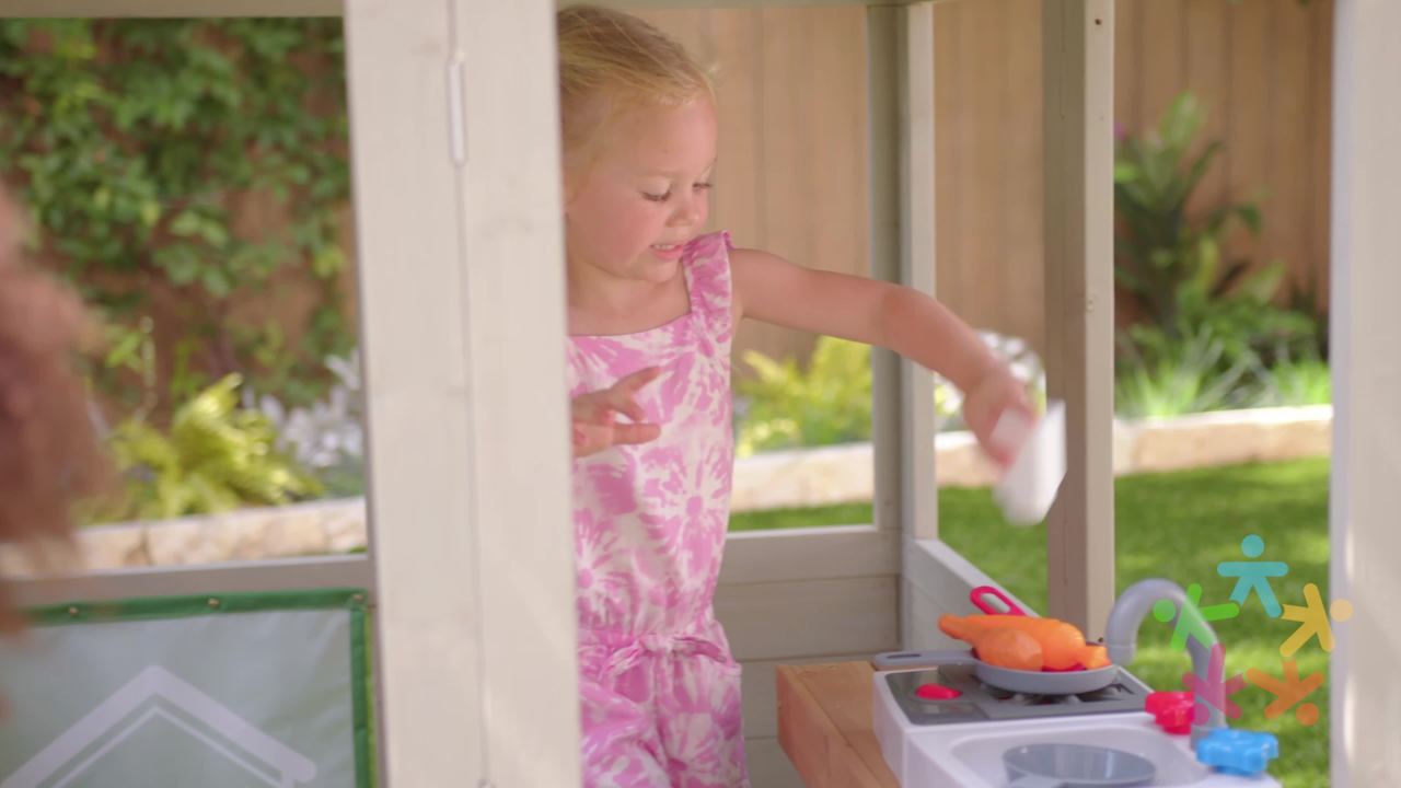 thumbnail video image 2 of KidKraft Pioneer Cottage Wooden Playhouse with Doorbell and 13 Pieces, 2 of 10