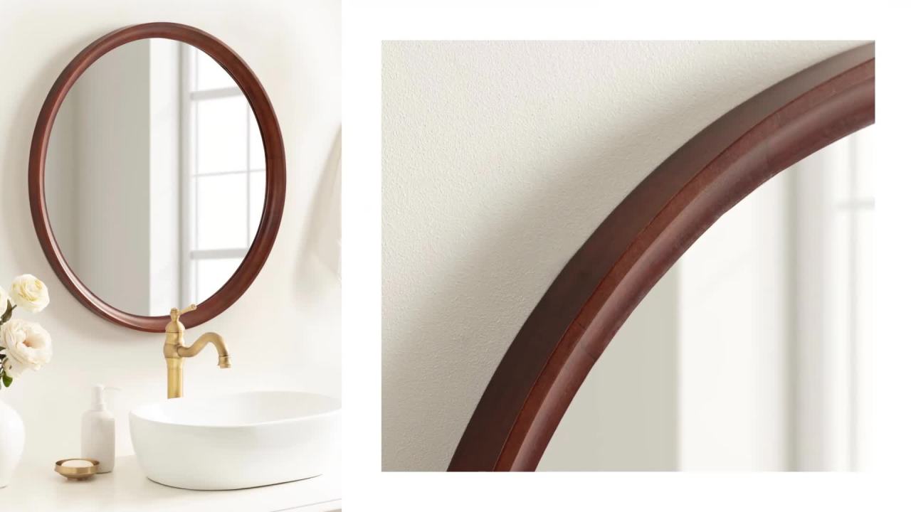 thumbnail video image 2 of Kate and Laurel Hatherleigh Modern Mid-Century Round Wooden Wall Mirror, 30 Inch Diameter, Walnut Brown, Decorative Wood Circle Wall Accent for Use as Bathroom Mirror for Over Sink, 2 of 9